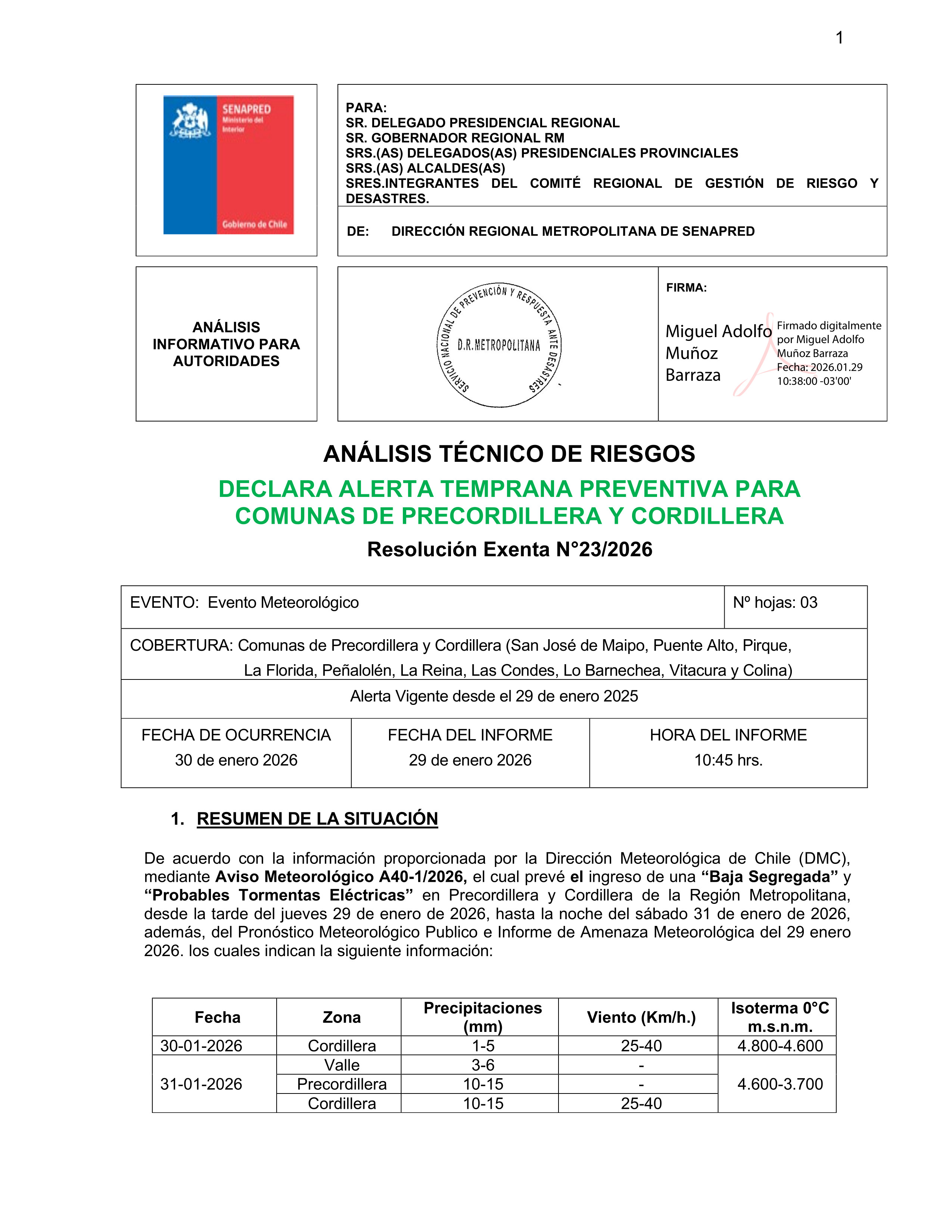 DECLARA ALERTA TEMPRANA PREVENTIVA PRECORDILLERA Y CORDILLERA POR EVENTO METEOROLÓGICO 29 01 2026. 01